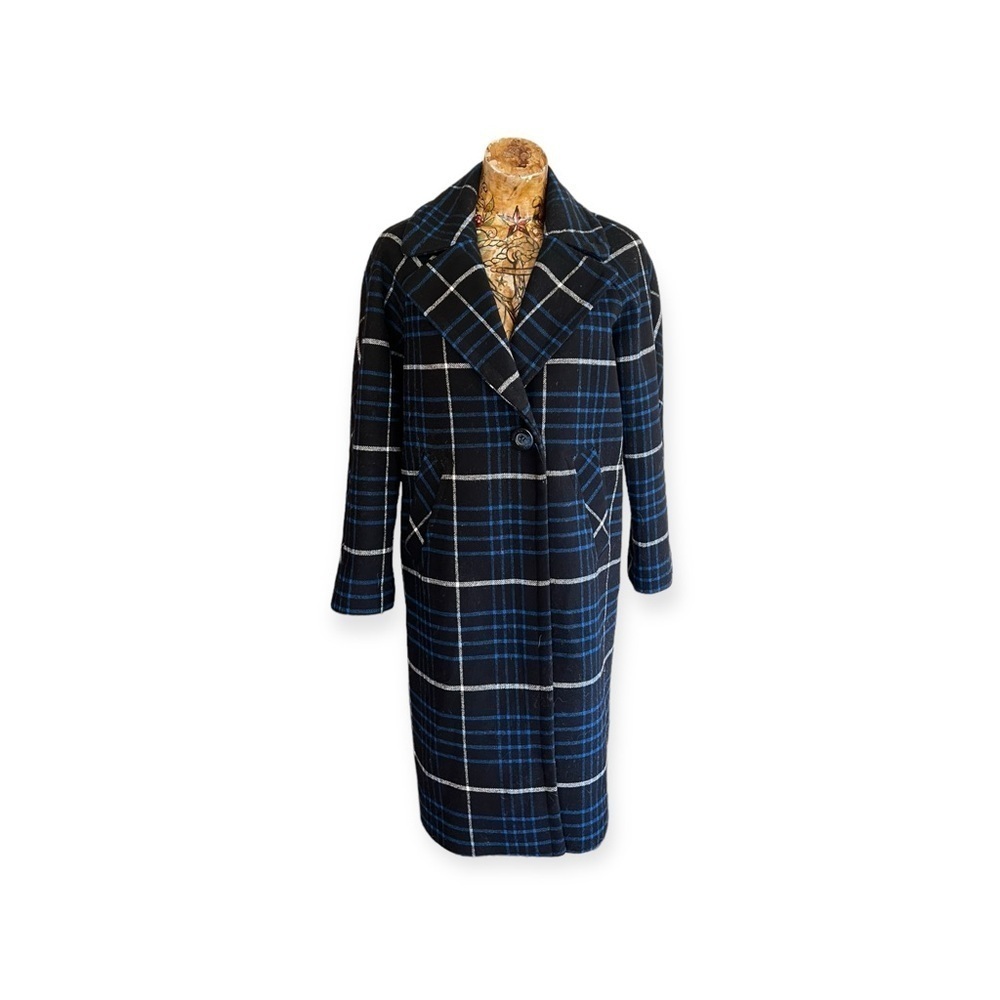 RACHEL coat long black white blue wool blend button front small
